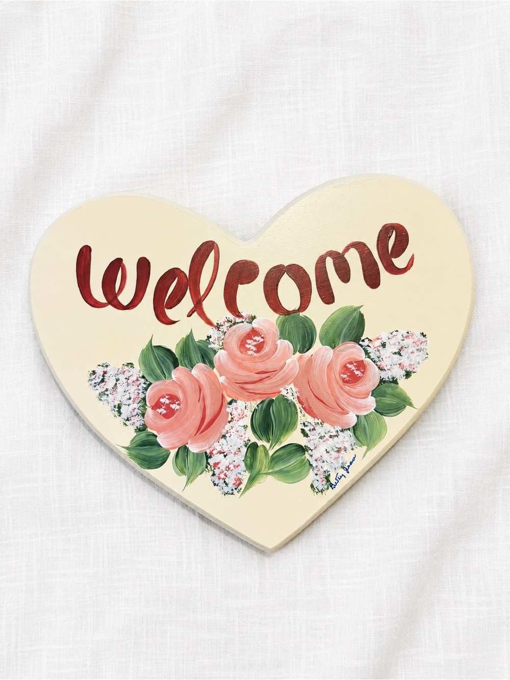 Hand Painted Wooden Heart Welcome Wall Plaque | Floral Cottage Farmhouse Decor